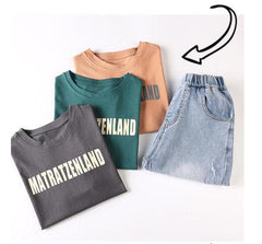 FU14042024-37 طقم ولادي صيفي قطعتين ( بلوز قطنية + بنطلون جينز)