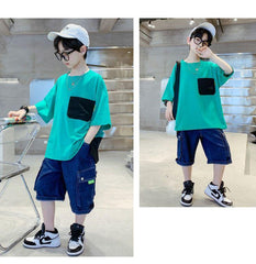 FU14042024-38 طقم جينز ولادي قطعتين ( بلوزة قطنية + بنطلون جينز )