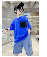 FU14042024-38 طقم جينز ولادي قطعتين ( بلوزة قطنية + بنطلون جينز )