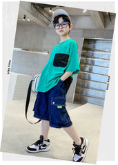 FU14042024-38 طقم جينز ولادي قطعتين ( بلوزة قطنية + بنطلون جينز )