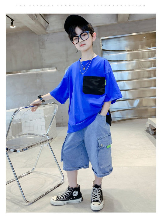 FU14042024-38 طقم جينز ولادي قطعتين ( بلوزة قطنية + بنطلون جينز )