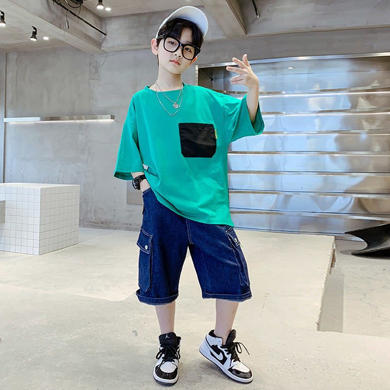 FU14042024-38 طقم جينز ولادي قطعتين ( بلوزة قطنية + بنطلون جينز )