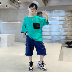 FU14042024-38 طقم جينز ولادي قطعتين ( بلوزة قطنية + بنطلون جينز )