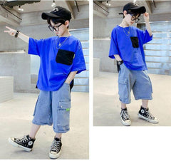 FU14042024-38 طقم جينز ولادي قطعتين ( بلوزة قطنية + بنطلون جينز )