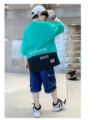 FU14042024-38 طقم جينز ولادي قطعتين ( بلوزة قطنية + بنطلون جينز )