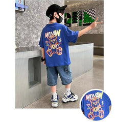 FU14042024-39 طقم ولادي صيفي قطعيتن ( بلوزة قطنية + بنطلون جينز )