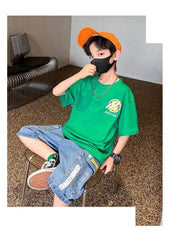 FU14042024-39 طقم ولادي صيفي قطعيتن ( بلوزة قطنية + بنطلون جينز )