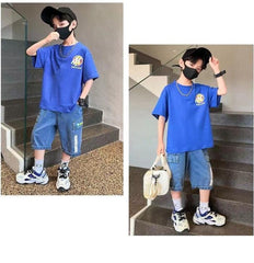 FU14042024-39 طقم ولادي صيفي قطعيتن ( بلوزة قطنية + بنطلون جينز )