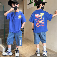 FU14042024-39 طقم ولادي صيفي قطعيتن ( بلوزة قطنية + بنطلون جينز )