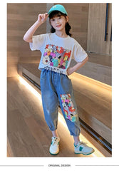 FU14042024-42 طقم بناتي قطعتين ( بلوزة قطنية + بنطلون جينز برمودا)