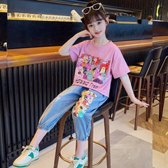 FU14042024-42 طقم بناتي قطعتين ( بلوزة قطنية + بنطلون جينز برمودا)