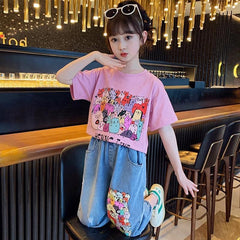 FU14042024-42 طقم بناتي قطعتين ( بلوزة قطنية + بنطلون جينز برمودا)