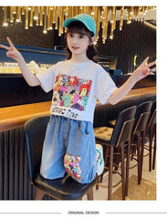 FU14042024-42 طقم بناتي قطعتين ( بلوزة قطنية + بنطلون جينز برمودا)