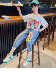 FU14042024-42 طقم بناتي قطعتين ( بلوزة قطنية + بنطلون جينز برمودا)