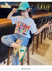 FU14042024-42 طقم بناتي قطعتين ( بلوزة قطنية + بنطلون جينز برمودا)