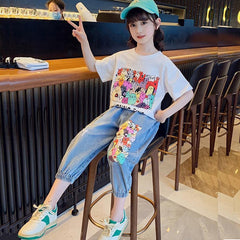 FU14042024-42 طقم بناتي قطعتين ( بلوزة قطنية + بنطلون جينز برمودا)