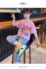 FU14042024-42 طقم بناتي قطعتين ( بلوزة قطنية + بنطلون جينز برمودا)