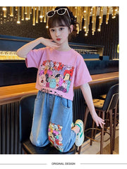 FU14042024-42 طقم بناتي قطعتين ( بلوزة قطنية + بنطلون جينز برمودا)