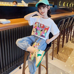 FU14042024-42 طقم بناتي قطعتين ( بلوزة قطنية + بنطلون جينز برمودا)