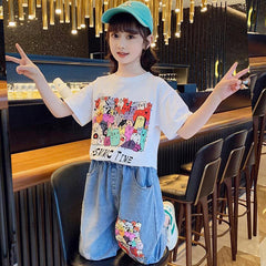 FU14042024-42 طقم بناتي قطعتين ( بلوزة قطنية + بنطلون جينز برمودا)