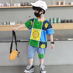 FU14042024-45 طقم ولادي صيفي قطعتين ( بلوزة قطنية + بنطلون جينز )