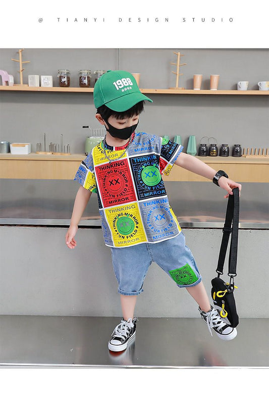 FU14042024-45 طقم ولادي صيفي قطعتين ( بلوزة قطنية + بنطلون جينز )