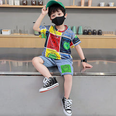 FU14042024-45 طقم ولادي صيفي قطعتين ( بلوزة قطنية + بنطلون جينز )