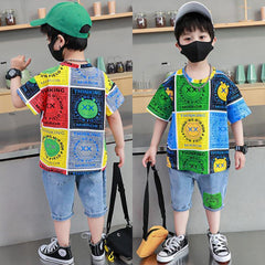 FU14042024-45 طقم ولادي صيفي قطعتين ( بلوزة قطنية + بنطلون جينز )