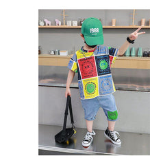 FU14042024-45 طقم ولادي صيفي قطعتين ( بلوزة قطنية + بنطلون جينز )