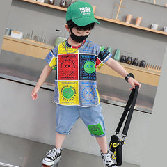 FU14042024-45 طقم ولادي صيفي قطعتين ( بلوزة قطنية + بنطلون جينز )