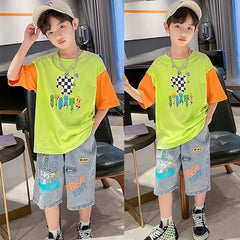 FU14042024-50 طقم ولادي جينز صيفي قطعتين ( بلوزة قطنية + بنطلون جينز )