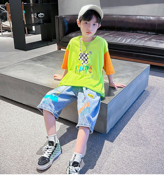 FU14042024-50 طقم ولادي جينز صيفي قطعتين ( بلوزة قطنية + بنطلون جينز )