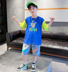 FU14042024-50 طقم ولادي جينز صيفي قطعتين ( بلوزة قطنية + بنطلون جينز )