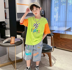 FU14042024-50 طقم ولادي جينز صيفي قطعتين ( بلوزة قطنية + بنطلون جينز )