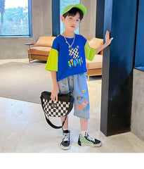 FU14042024-50 طقم ولادي جينز صيفي قطعتين ( بلوزة قطنية + بنطلون جينز )