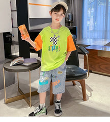 FU14042024-50 طقم ولادي جينز صيفي قطعتين ( بلوزة قطنية + بنطلون جينز )