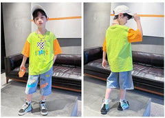 FU14042024-50 طقم ولادي جينز صيفي قطعتين ( بلوزة قطنية + بنطلون جينز )