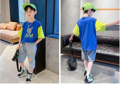 FU14042024-50 طقم ولادي جينز صيفي قطعتين ( بلوزة قطنية + بنطلون جينز )