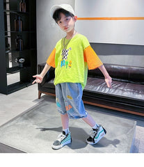 FU14042024-50 طقم ولادي جينز صيفي قطعتين ( بلوزة قطنية + بنطلون جينز )