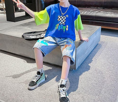 FU14042024-50 طقم ولادي جينز صيفي قطعتين ( بلوزة قطنية + بنطلون جينز )