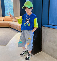 FU14042024-50 طقم ولادي جينز صيفي قطعتين ( بلوزة قطنية + بنطلون جينز )