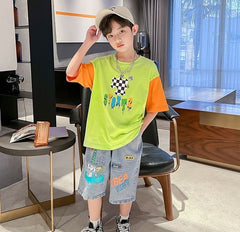 FU14042024-50 طقم ولادي جينز صيفي قطعتين ( بلوزة قطنية + بنطلون جينز )