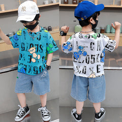 FU14042024-56 طقم جينز ولادي قطعتين ( بلوزة قطنية + بنطلون جينز)