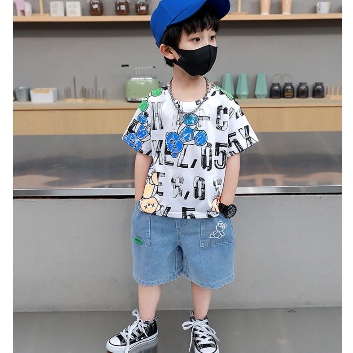 FU14042024-56 طقم جينز ولادي قطعتين ( بلوزة قطنية + بنطلون جينز)