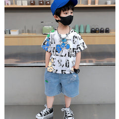 FU14042024-56 طقم جينز ولادي قطعتين ( بلوزة قطنية + بنطلون جينز)