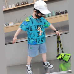 FU14042024-56 طقم جينز ولادي قطعتين ( بلوزة قطنية + بنطلون جينز)