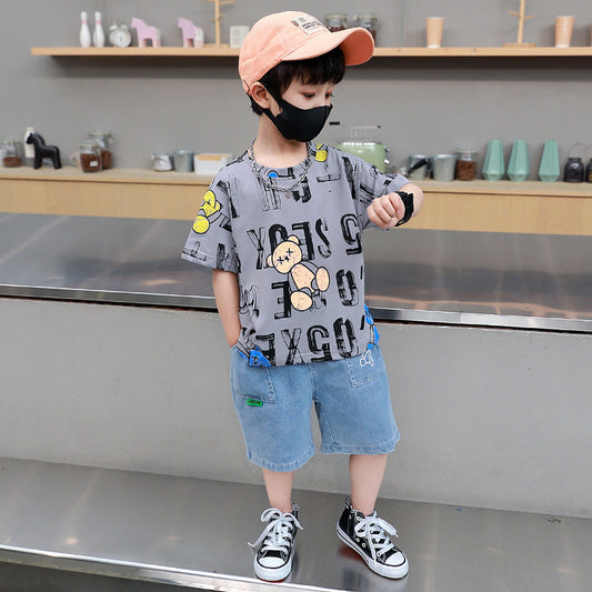 FU14042024-56 طقم جينز ولادي قطعتين ( بلوزة قطنية + بنطلون جينز)