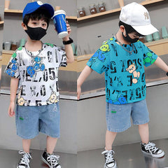 FU14042024-56 طقم جينز ولادي قطعتين ( بلوزة قطنية + بنطلون جينز)