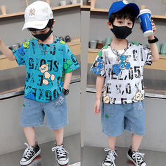 FU14042024-56 طقم جينز ولادي قطعتين ( بلوزة قطنية + بنطلون جينز)