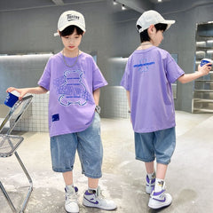 FU14042024-63 طقم ولادي صيفي قطعتين ( بلوزة قطنية + بنطلون جينز )